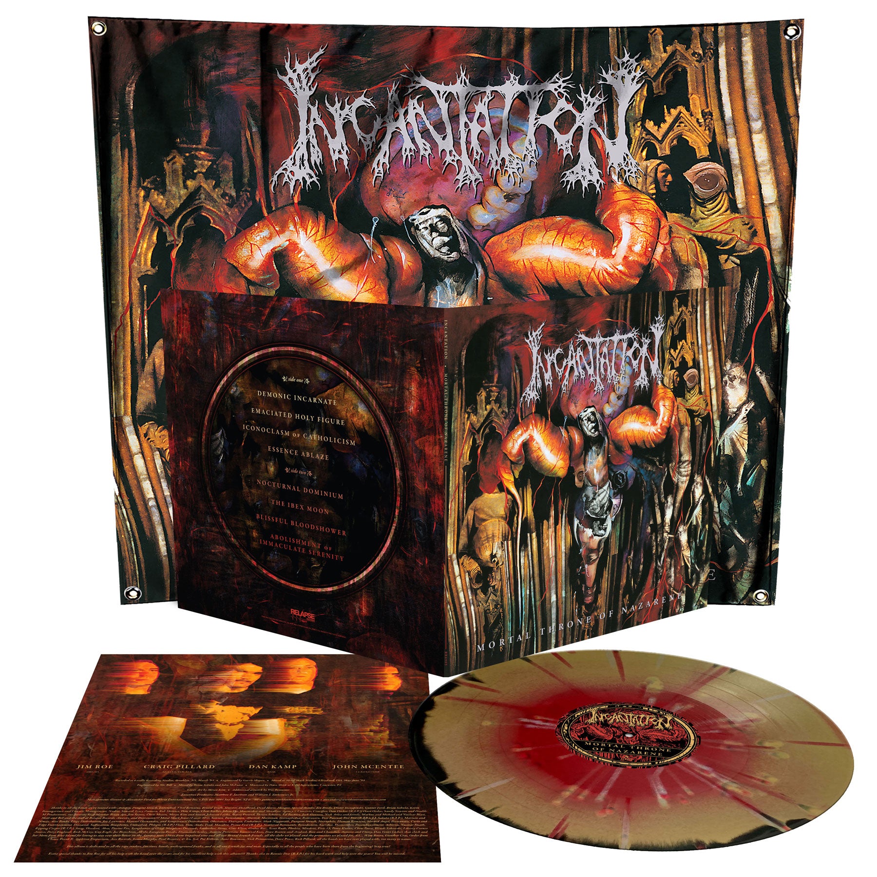 Incantation "Mortal Throne Of Nazarene LP + Poster and Flag Deluxe Pack" Bundle